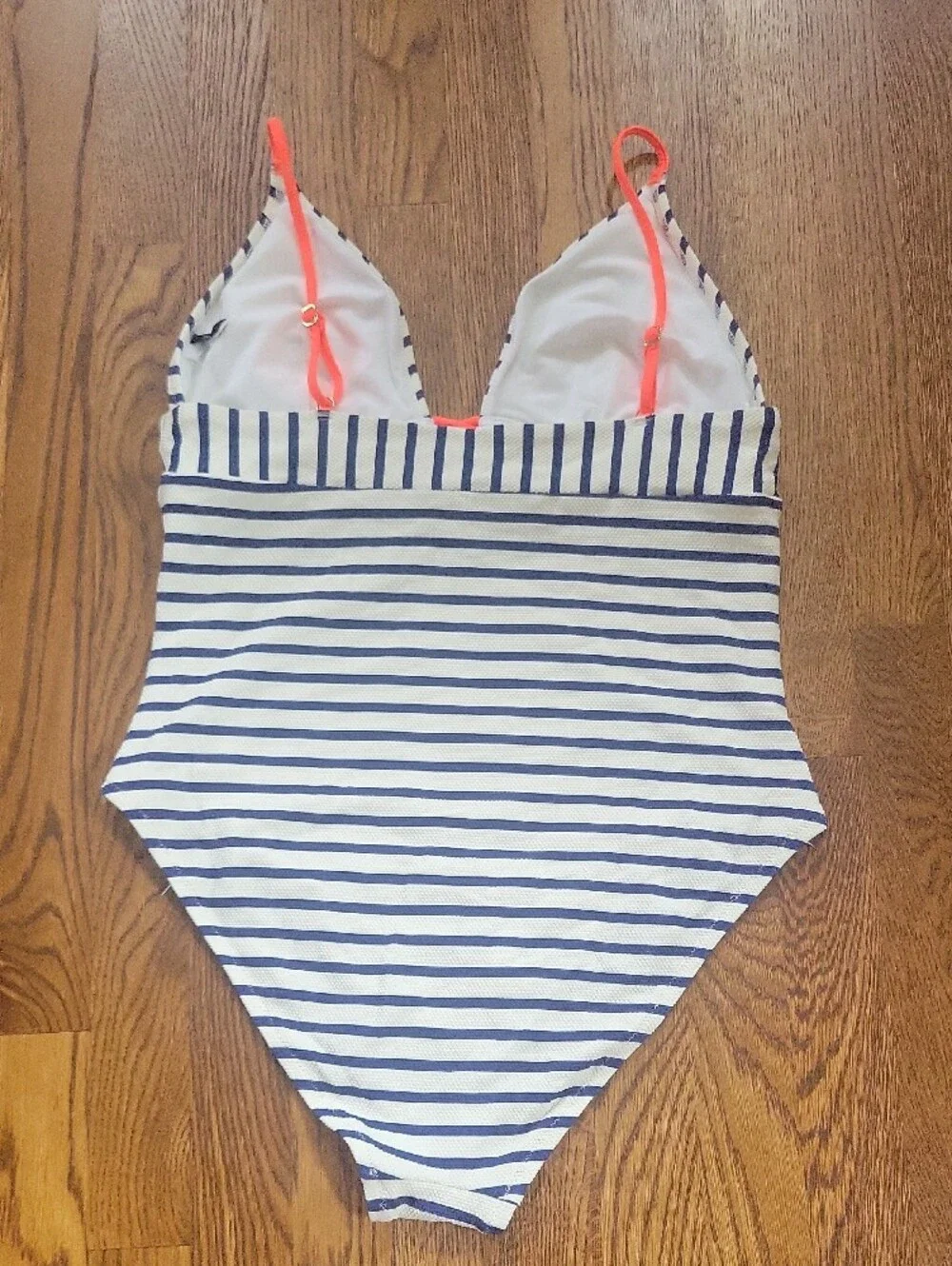 J. Crew Navy & White Stripe One-Piece Swimsuit with Coral Accent, Size 12